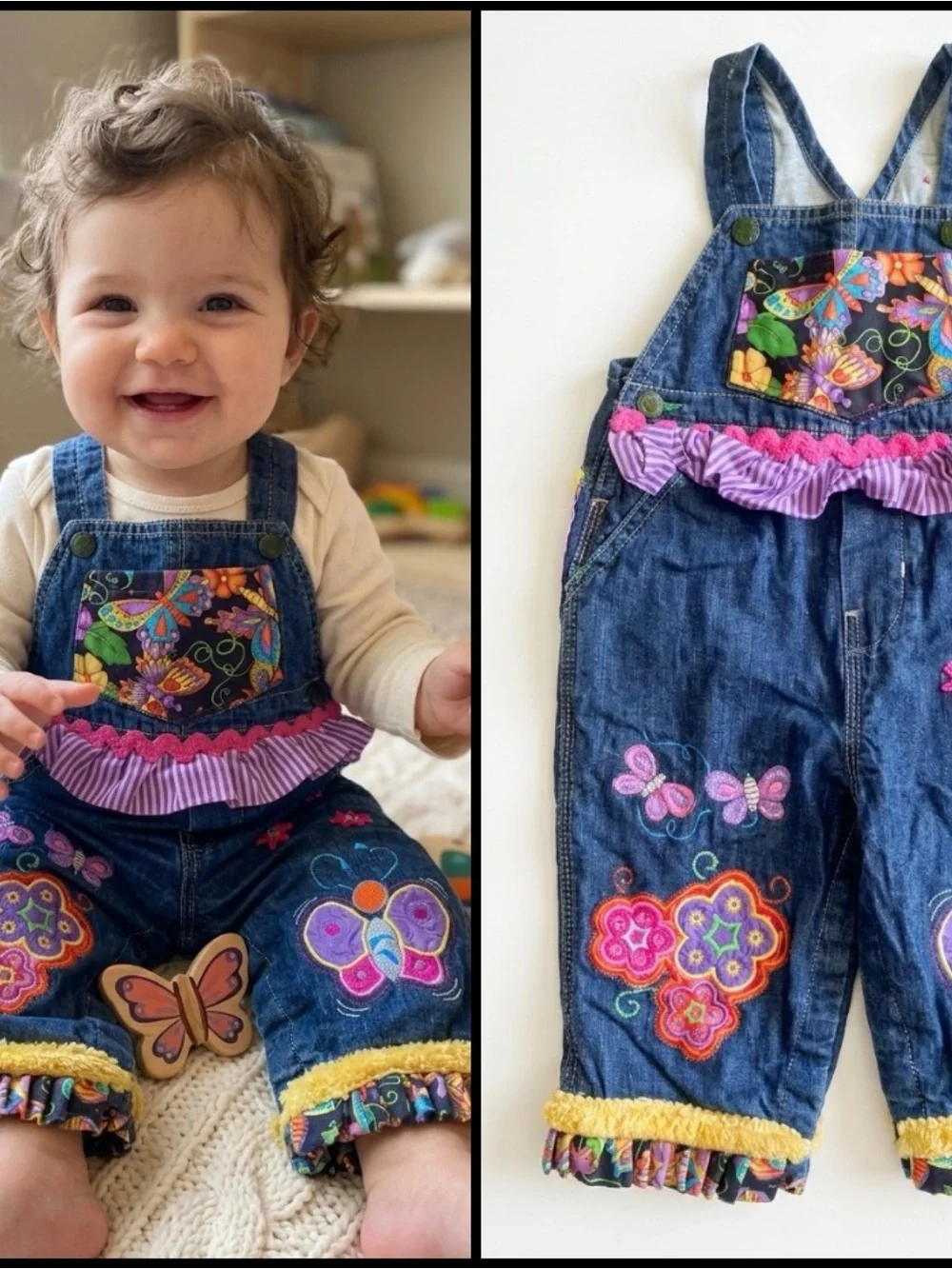 Oshkosh Y2K Denim 12mo Baby Cottagecore Patchwork Butterfly Embroidery Overalls